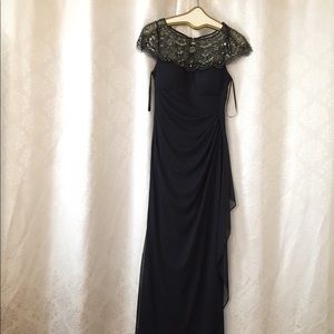 Xscape Black Beaded Cap-Sleeve Evening Gown